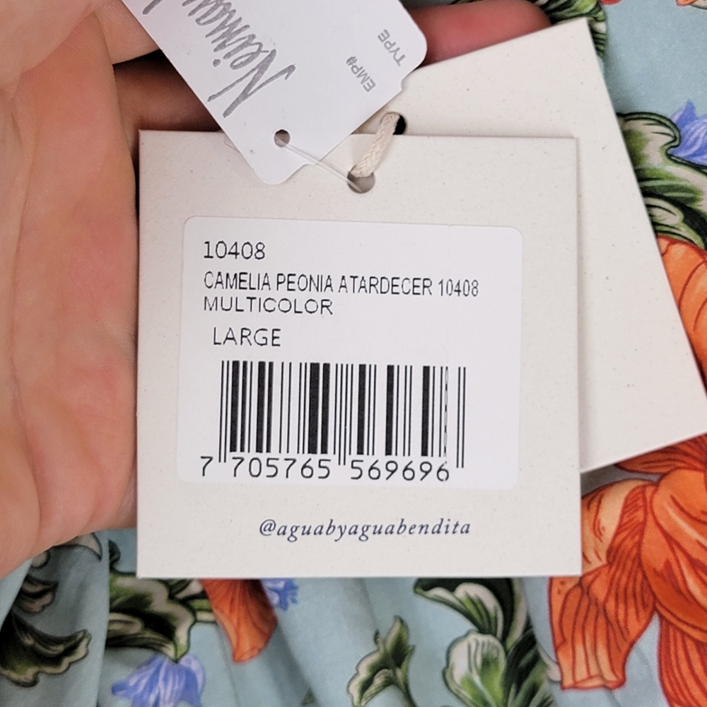 NWT Agua by Agua Bendita Camelia Peonia Atardecer Ruched Midi Dress Large - Picture 9 of 14